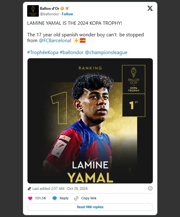 Kopa Trophy 2024 thuộc về Lamine Yamal một cách vô cùng xứng đáng